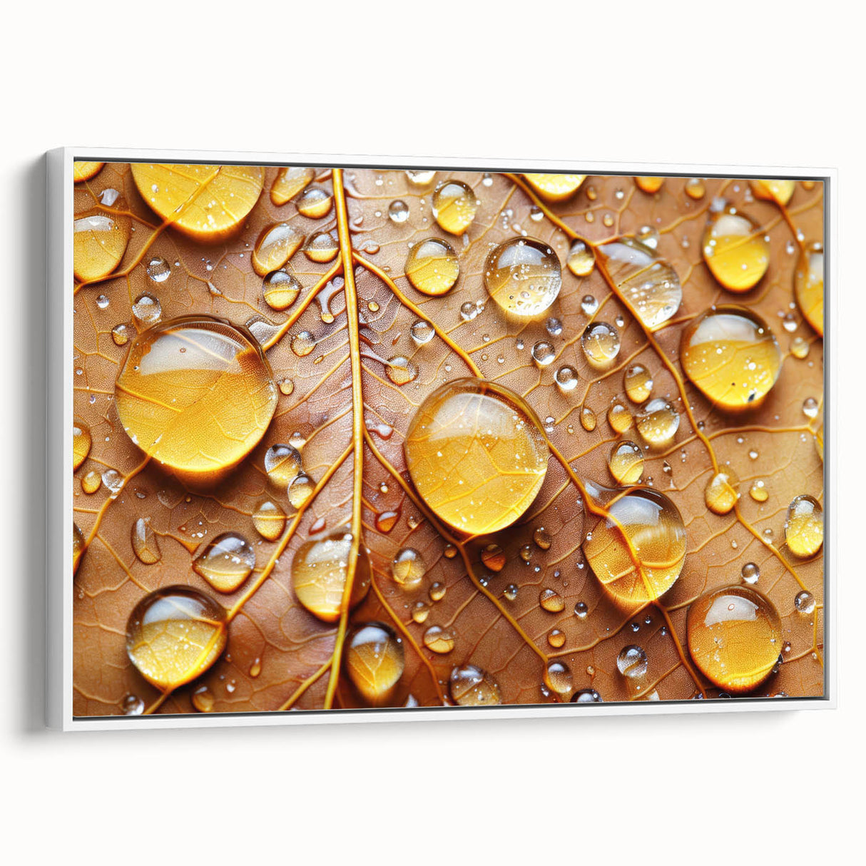 Vintage poster art featuring a close-up of water droplets on a leaf, in vibrant green and blue tones, framed canvas.