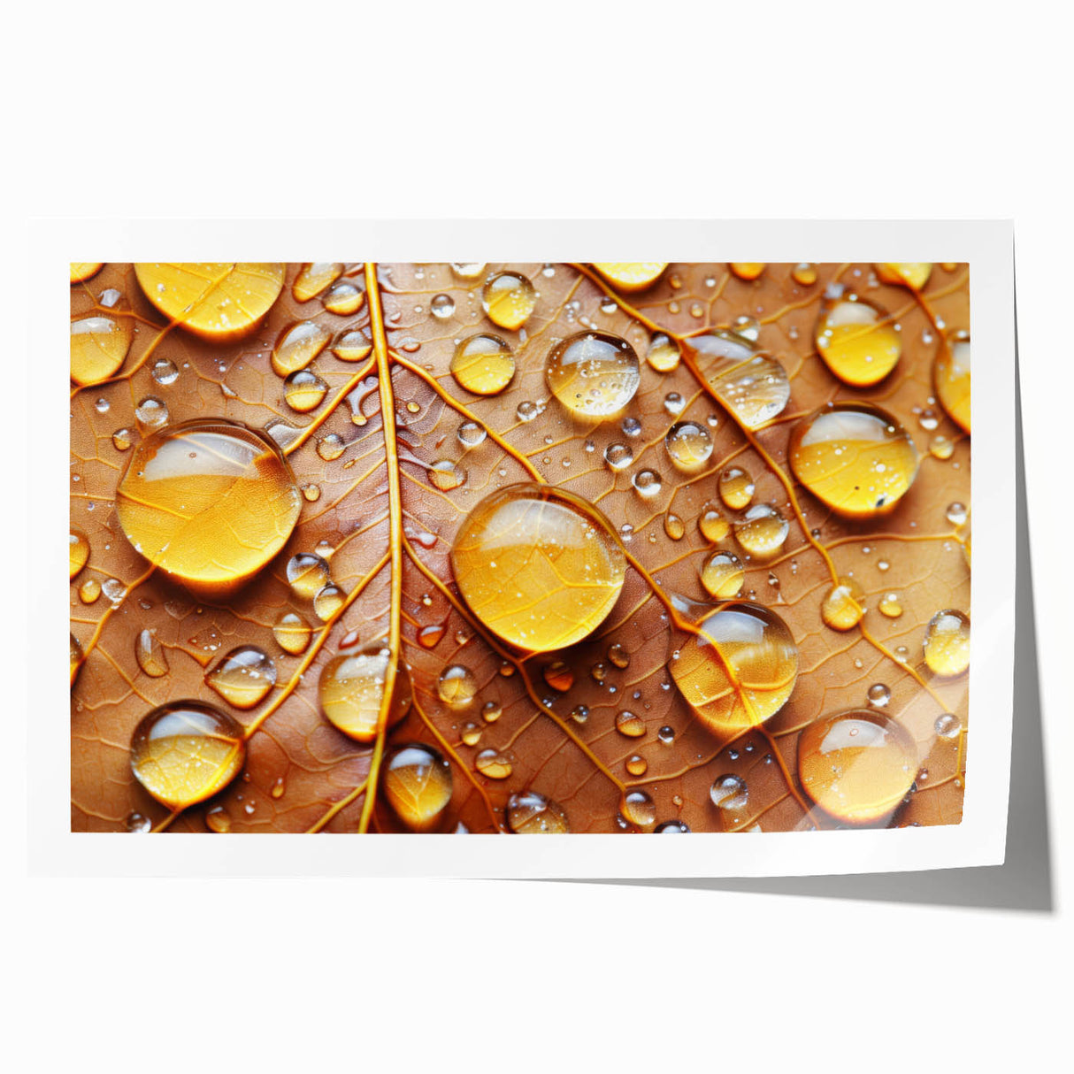 Close-up of water droplets on vibrant green leaves, extra large rolled print, ideal for dining room wall art.