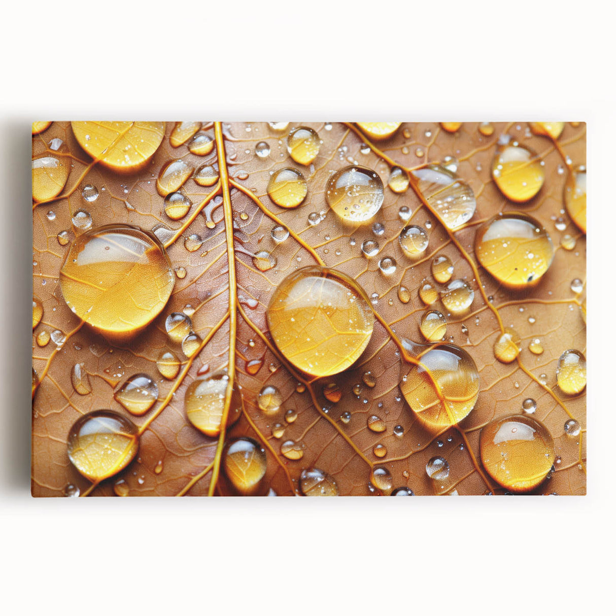 Black and white close-up photo of water droplets on a leaf on stretched canvas, suitable for kitchen wall art.