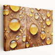 Close-up image of water droplets on vibrant green leaf, printed on large stretched canvas, suitable for kitchen wall art.