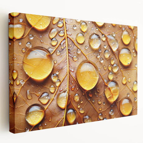 Close-up image of water droplets on vibrant green leaf, printed on large stretched canvas, suitable for kitchen wall art.