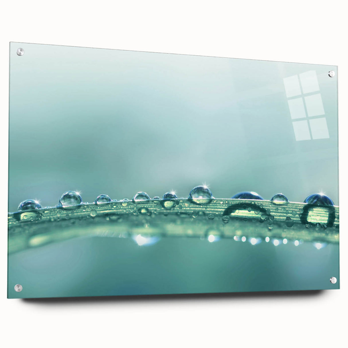 Close-up of water-themed large abstract wall art on acrylic glass, displaying shades of blue and green.