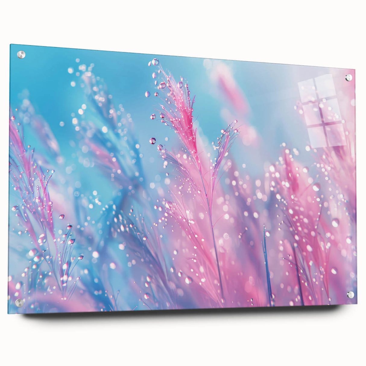 Close-up of a large abstract wall art on acrylic glass featuring swirling water patterns in blue and white tones.