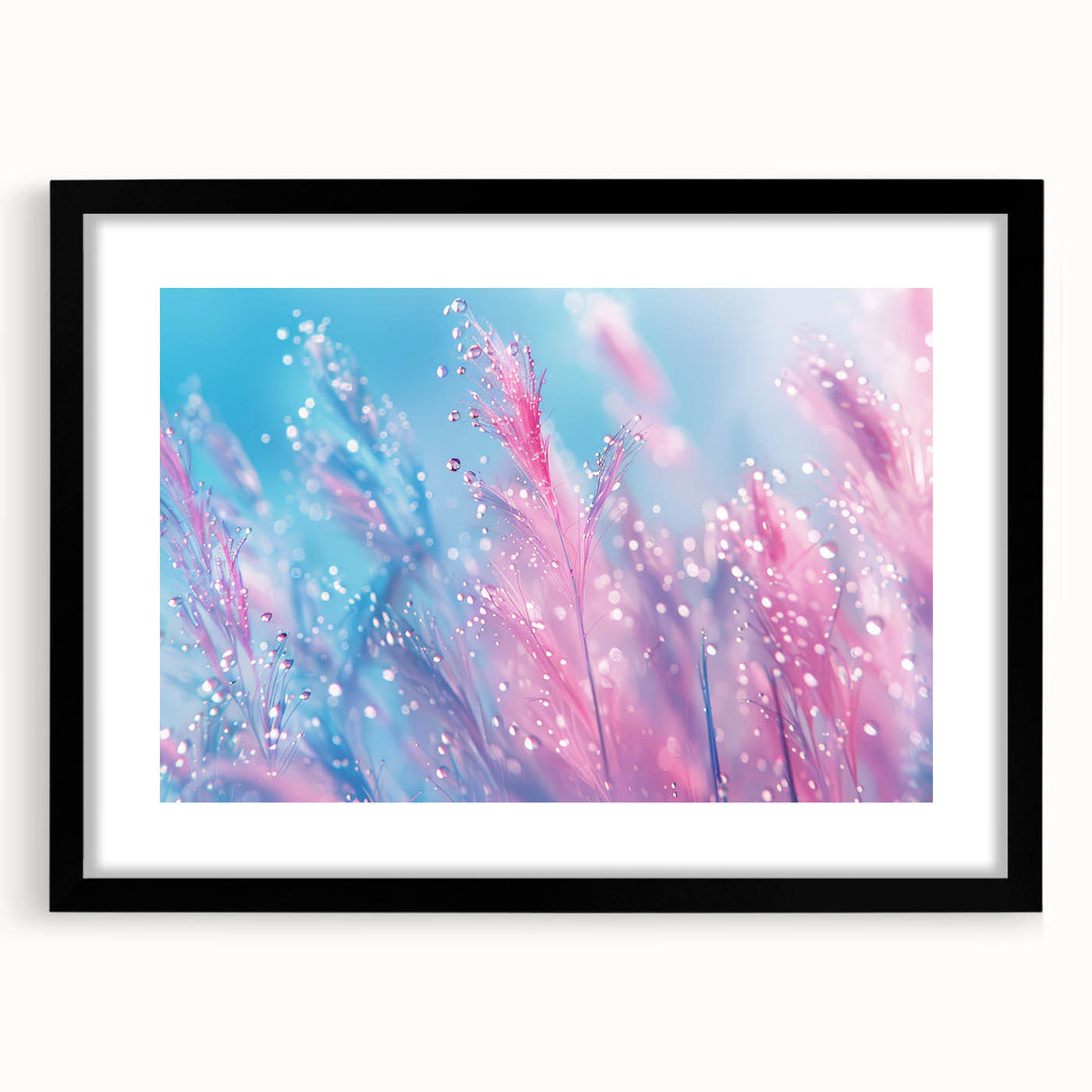Abstract art print featuring textured, colorful patterns on a large canvas, framed in black, suitable for living room decor.