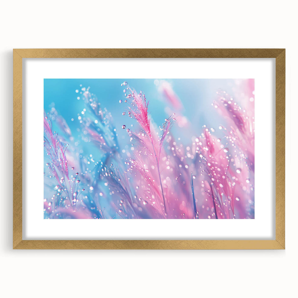 Extra large abstract art print featuring textured water design in blue and turquoise hues, framed in gold.