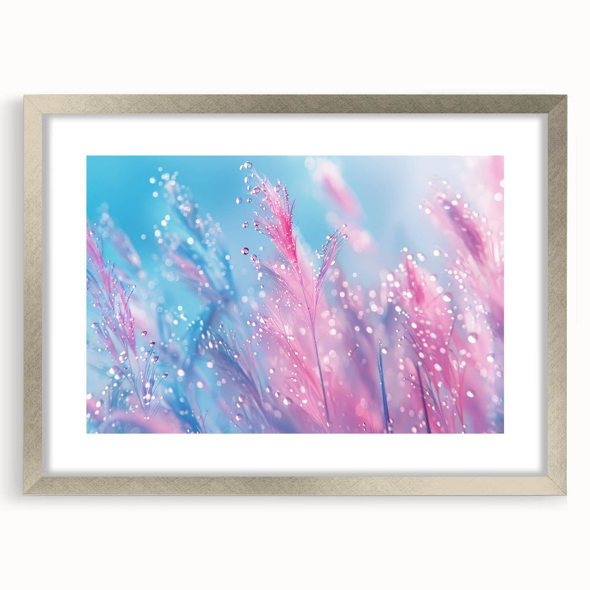 Textured art featuring close-up water design in abstract style, with muted blue and gray tones on a silver-framed mat.