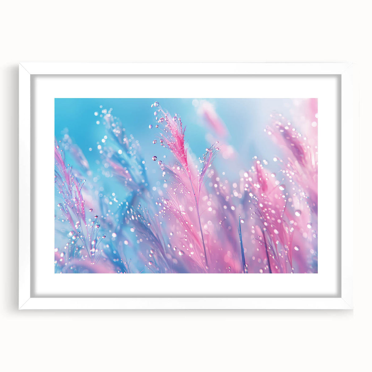 Abstract art print featuring swirling blue and white patterns, framed in white, ideal for dining room decor.