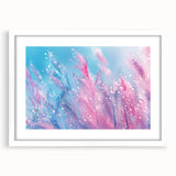 Abstract art print featuring swirling blue and white patterns, framed in white, ideal for dining room decor.