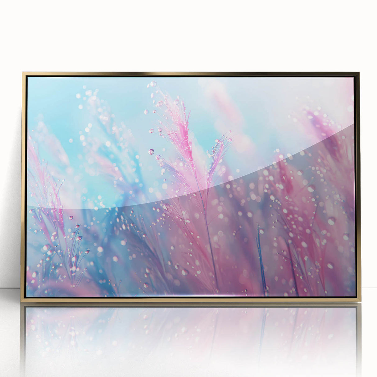 Large art print of a close-up water design in gold tones on framed acrylic, in a mid-century modernist style.