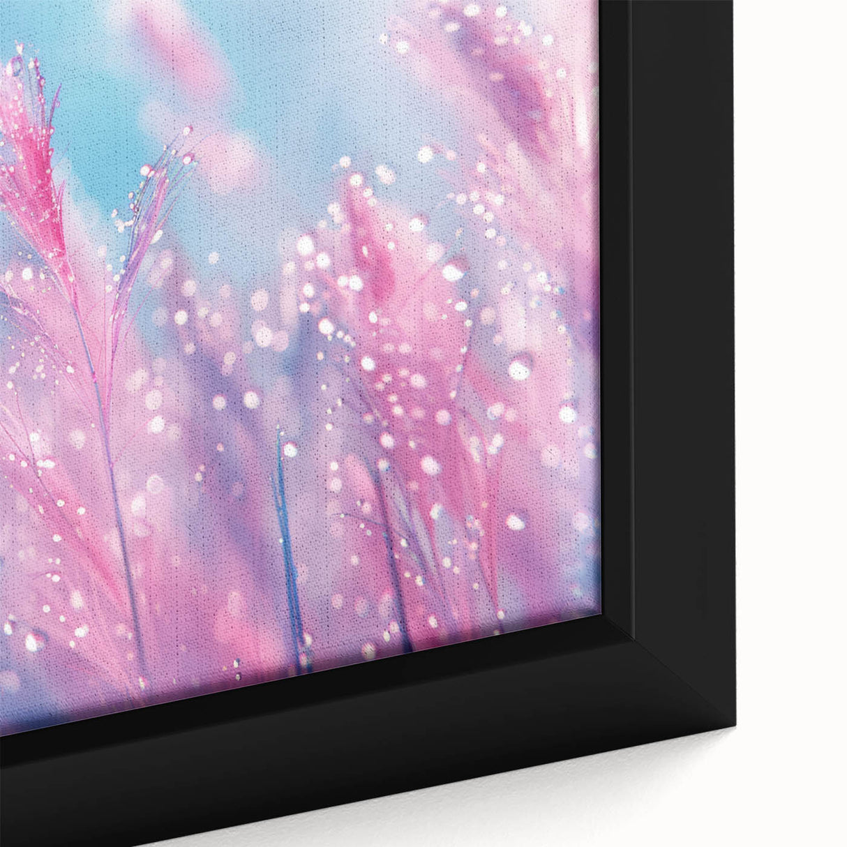Close-up of black wall art featuring colorful, textured water design on a large framed canvas.
