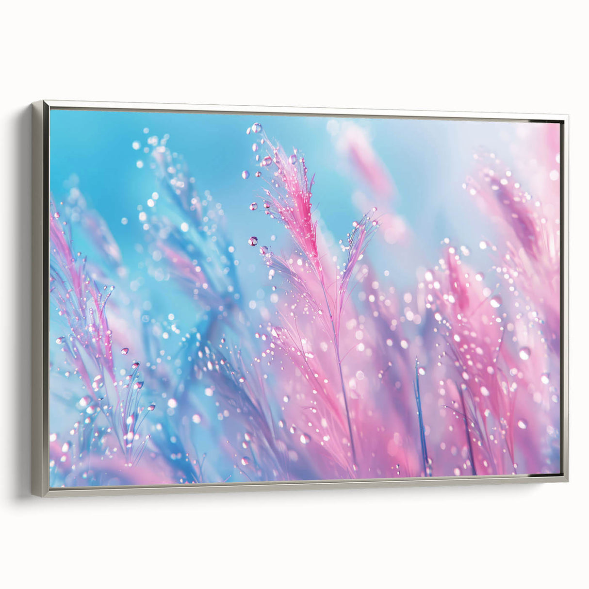 Landscape art painting of a serene lake scene, framed canvas in silver, ideal for living room decor.