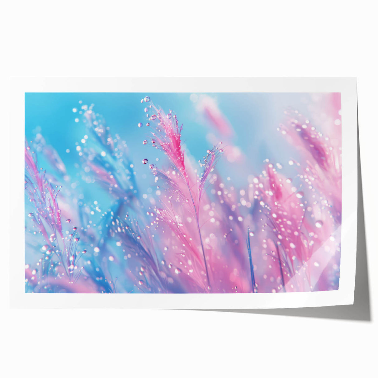 Close-up of water droplets on vibrant green leaves, extra large rolled print, suitable for dining room or bathroom wall art.