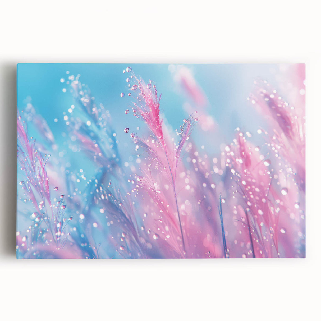Black and white close-up of water droplets on a leaf, printed on stretched canvas, suitable for kitchen wall art.