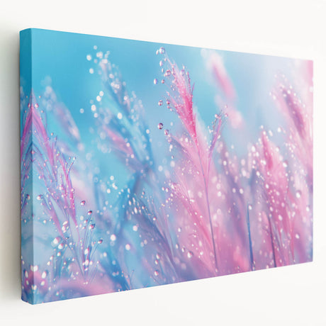 Close-up image of water droplets on a vibrant blue background, printed on stretched canvas, suitable for kitchen wall art.