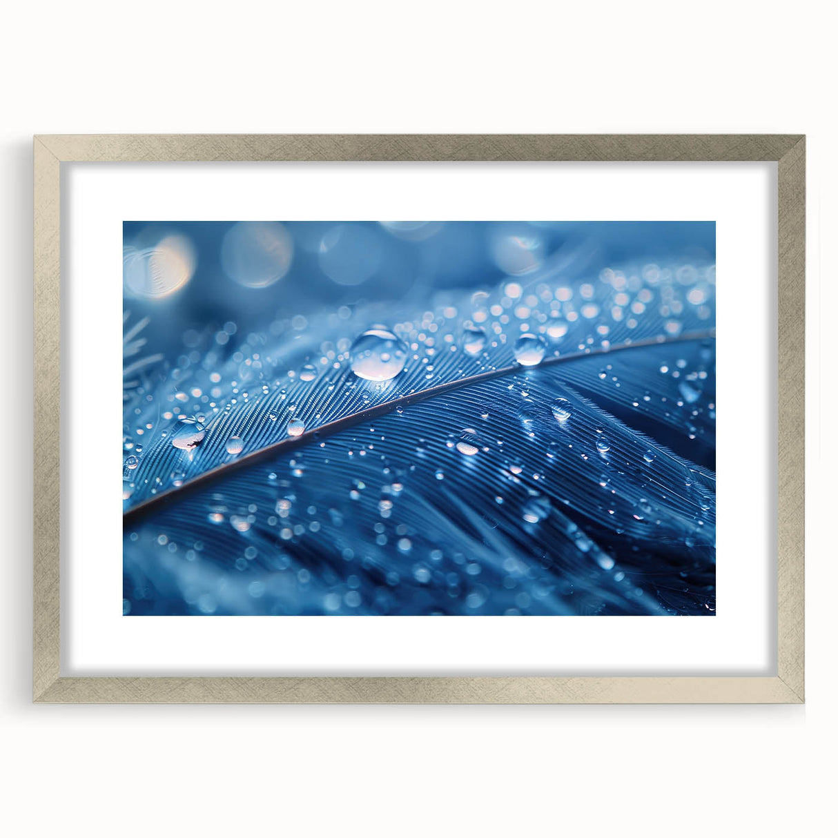 Textured abstract art print featuring swirling blue and white patterns, framed in silver, suitable for bedroom decor.