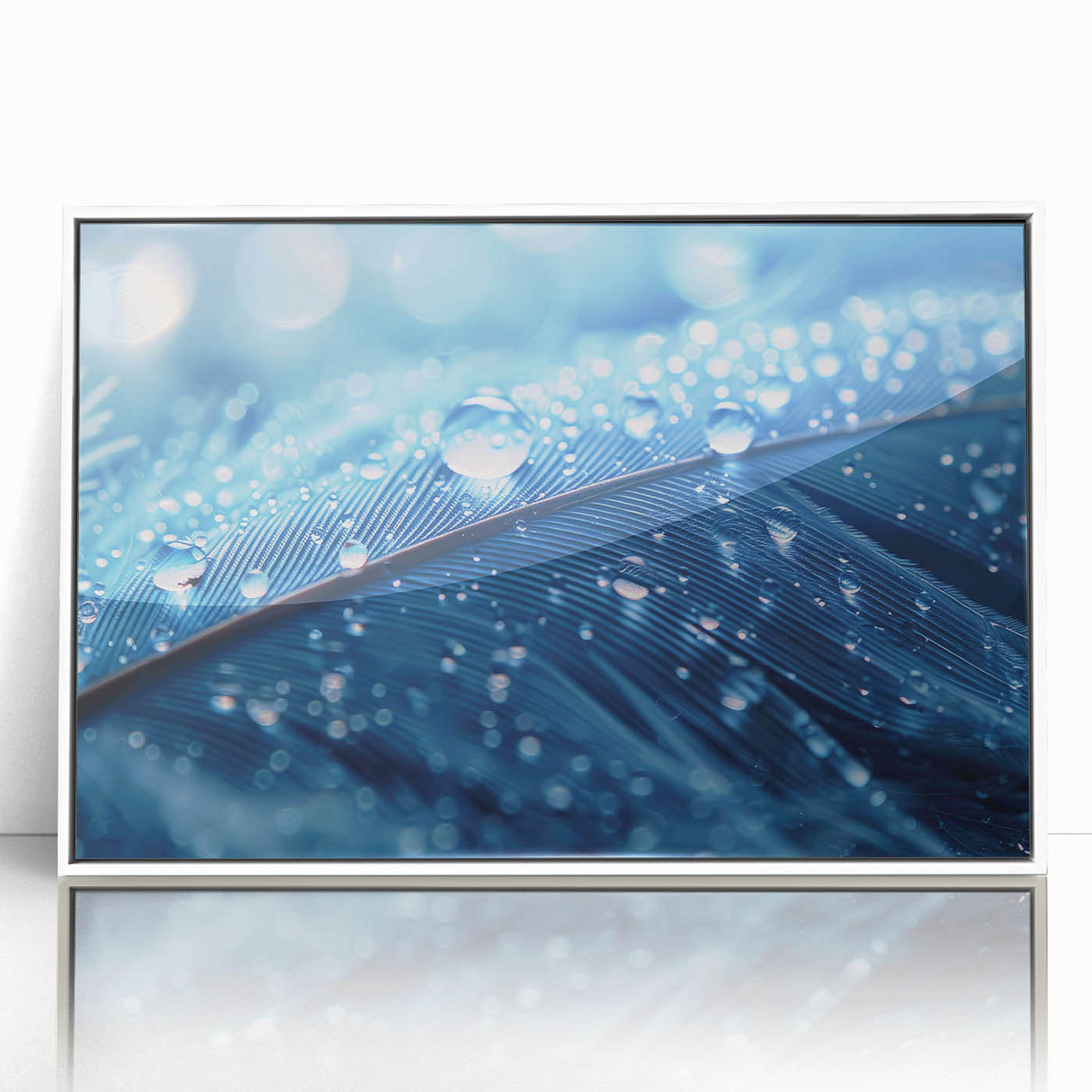 Close-up nature water design in art deco style on white framed acrylic, featuring serene blue tones.