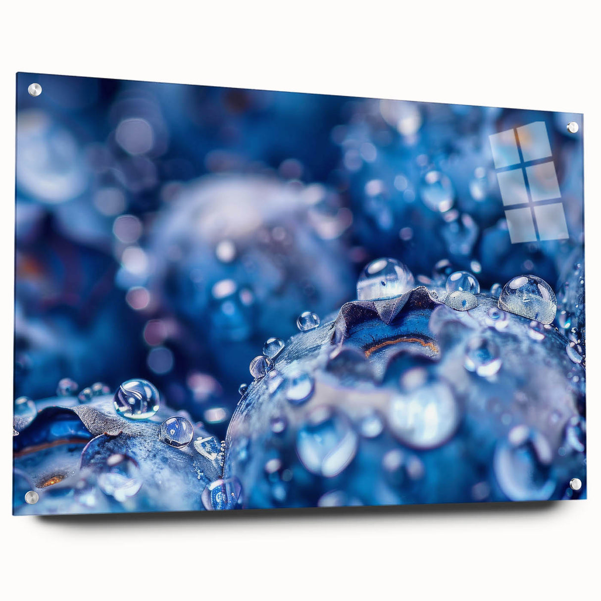 Close-up water design on acrylic glass, featuring swirling blue and gray tones, suitable for bedroom or dining room wall art.