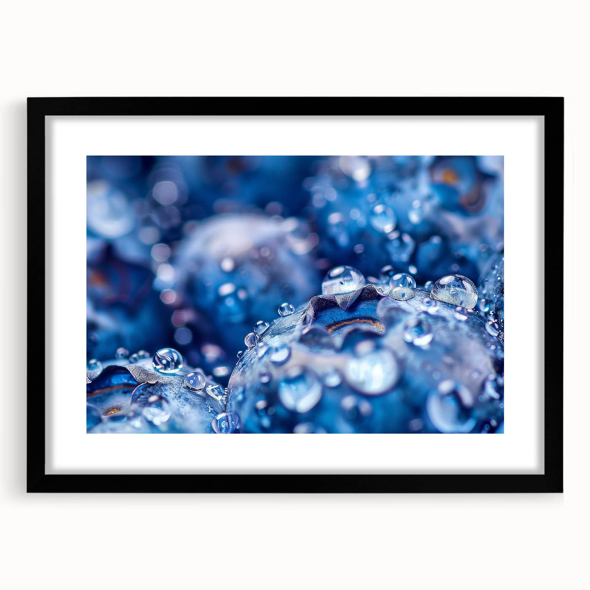 Extra large abstract art print featuring a close-up water design in vibrant blue and green hues, framed in black.