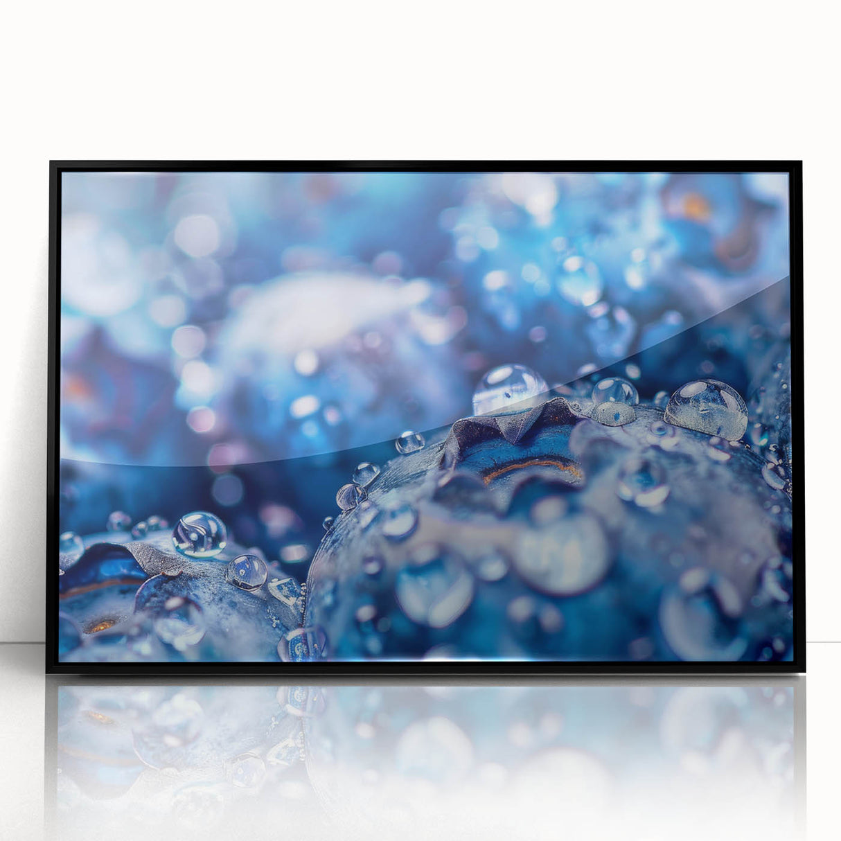 Large abstract wall art featuring swirling water patterns in blue and white, presented in a black acrylic frame.