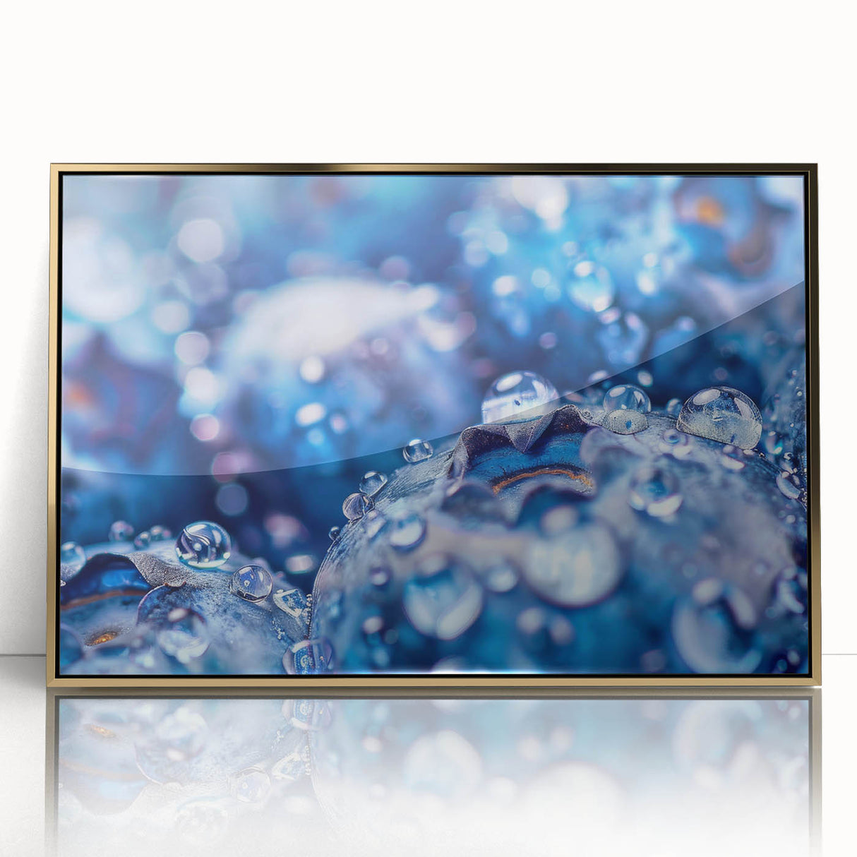 Close-up of water droplets on leaf, in a golden frame, acrylic print, suited for modern art wall decor.