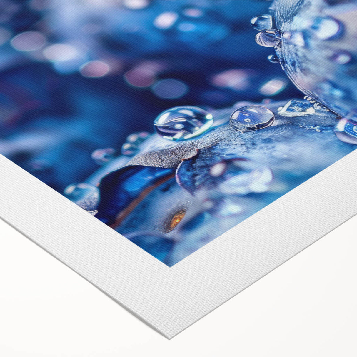 Art deco poster featuring a close-up of water droplets on leaves, in muted green and blue tones, on rolled canvas.