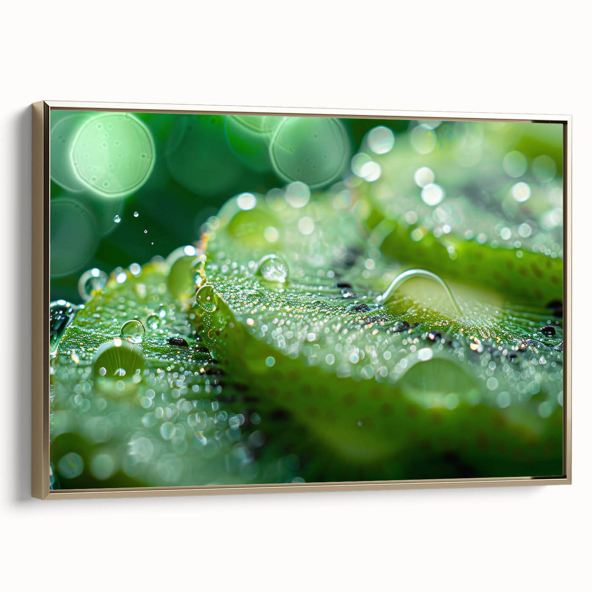 Framed canvas featuring a close-up water landscape in gold and black tones, ideal for bedroom wall decor.