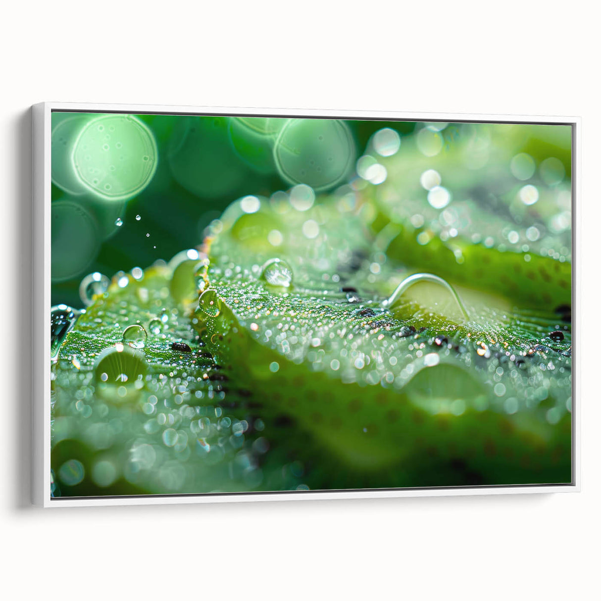 Vintage poster art featuring a close-up of water droplets on a leaf, framed canvas in white, ideal for living room decor.
