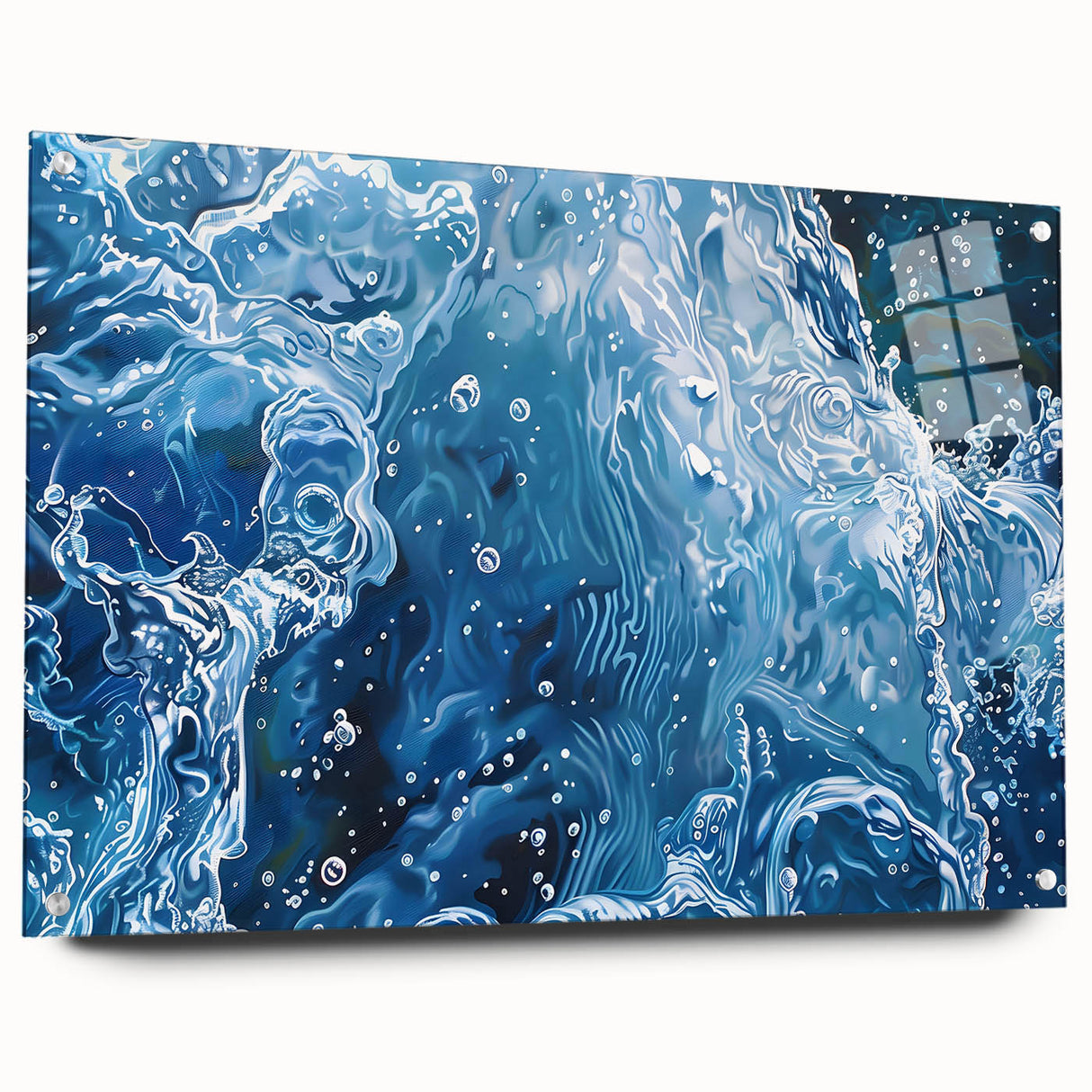 Close-up water design on acrylic glass, featuring large abstract blue and teal swirls.