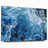 Large abstract wall art featuring swirling blue and teal patterns on acrylic glass.