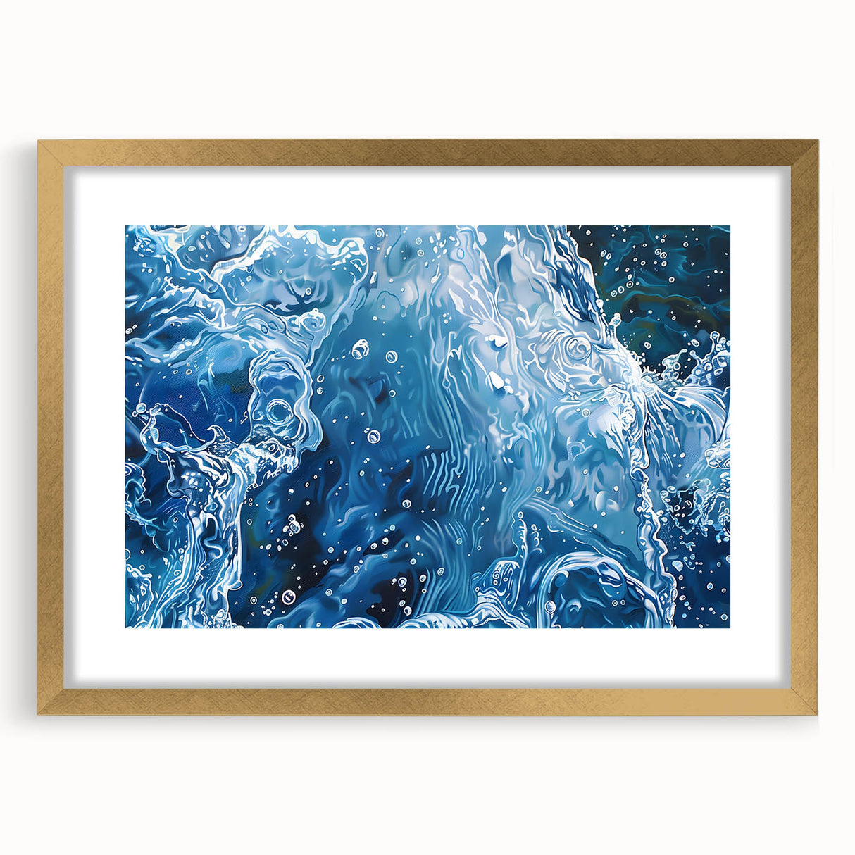 Extra large textured abstract art print depicting swirling water, in a gold frame with mat, ideal for living room decor.