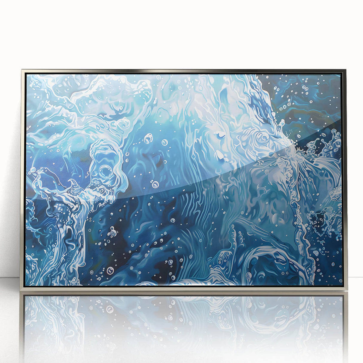 Mid-century modernist art depicting a close-up water design in muted blue and silver tones, framed in acrylic.