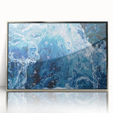 Mid-century modernist art depicting a close-up water design in muted blue and silver tones, framed in acrylic.