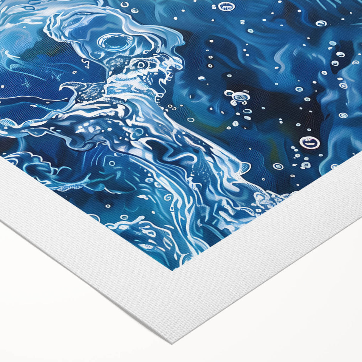 Art deco poster featuring a close-up water design in muted blue and green tones on rolled canvas.