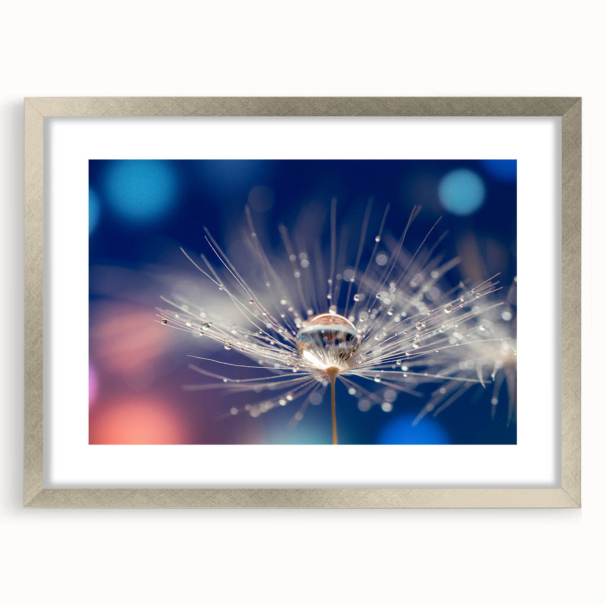 Extra large abstract art print featuring textured water design in cool blues and grays, framed in silver.