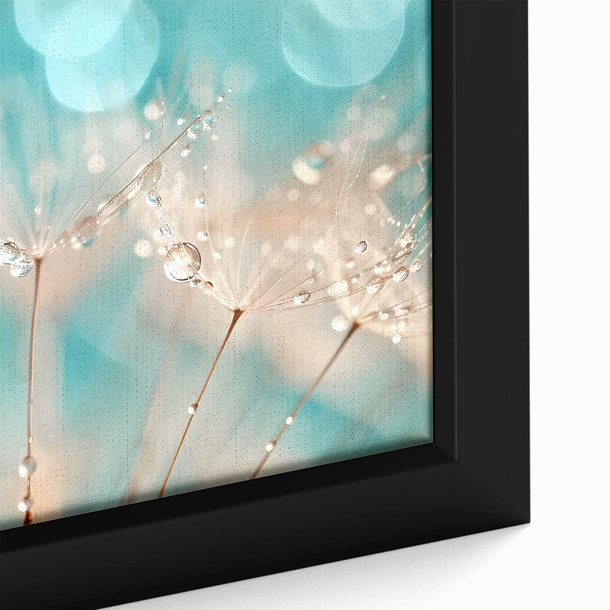 Close-up of textured black wall art featuring colorful, abstract water design on a framed canvas.