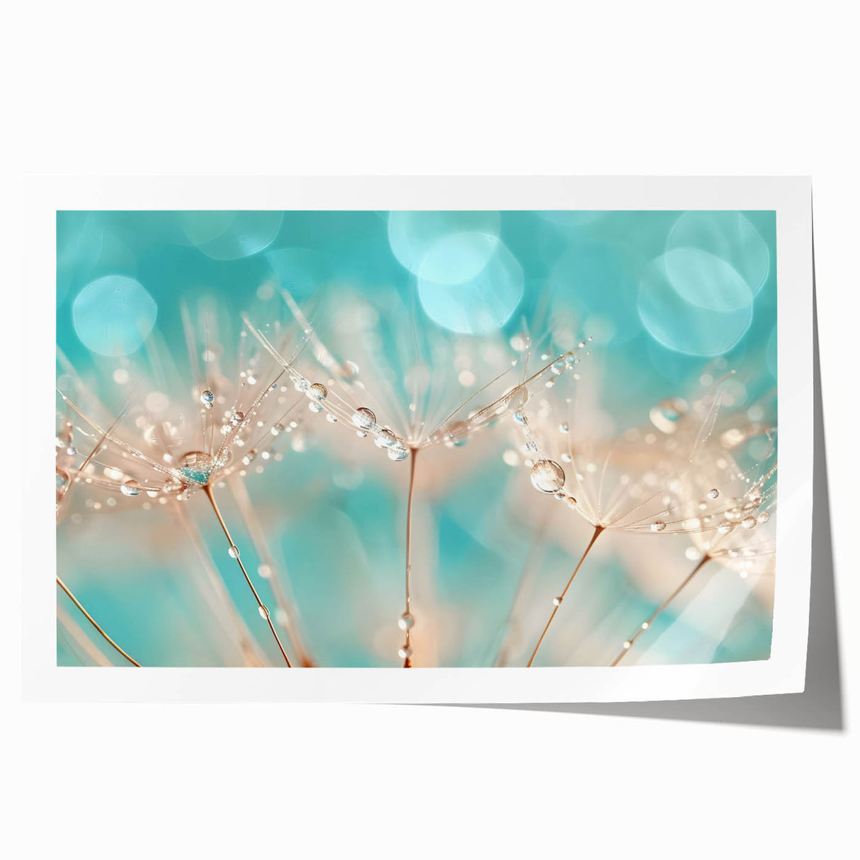 Close-up floral water design on rolled print, featuring soft blue and violet tones, suitable for art wall dining room.