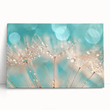 Black and white close-up photo of water droplets on a surface, printed on a large stretched canvas.