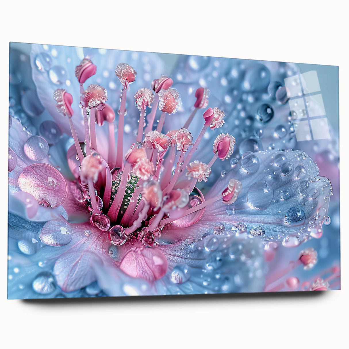 Large abstract wall art on acrylic glass, featuring swirling blue and white patterns, ideal for bedroom or dining room decor.