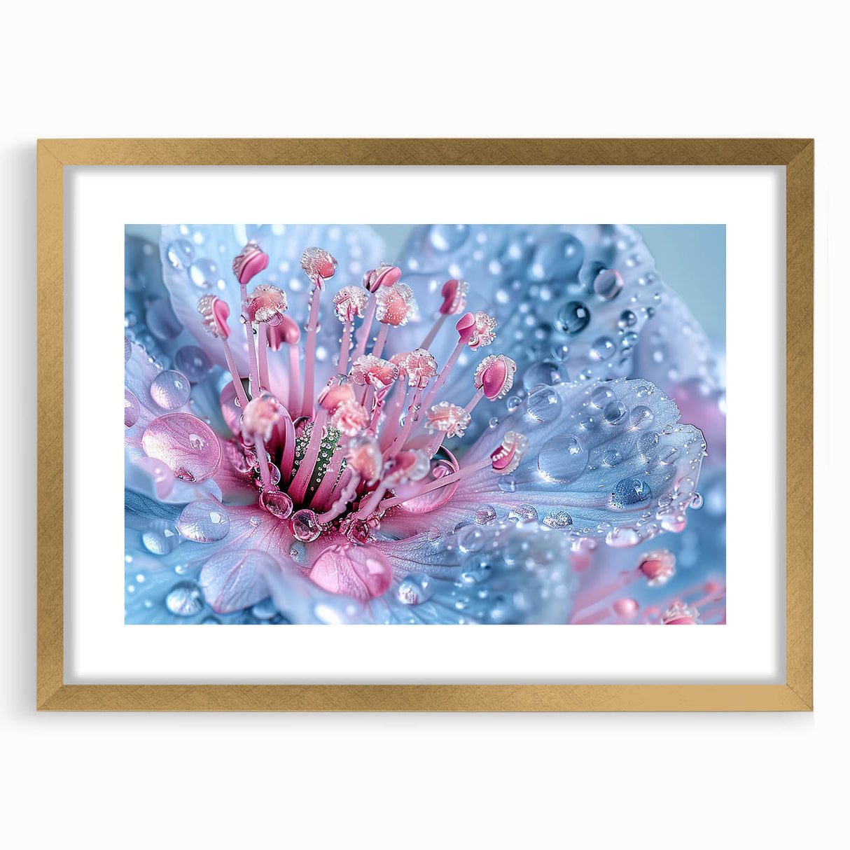 Extra large abstract art print featuring textured swirls in gold and white tones, framed with a gold mat.