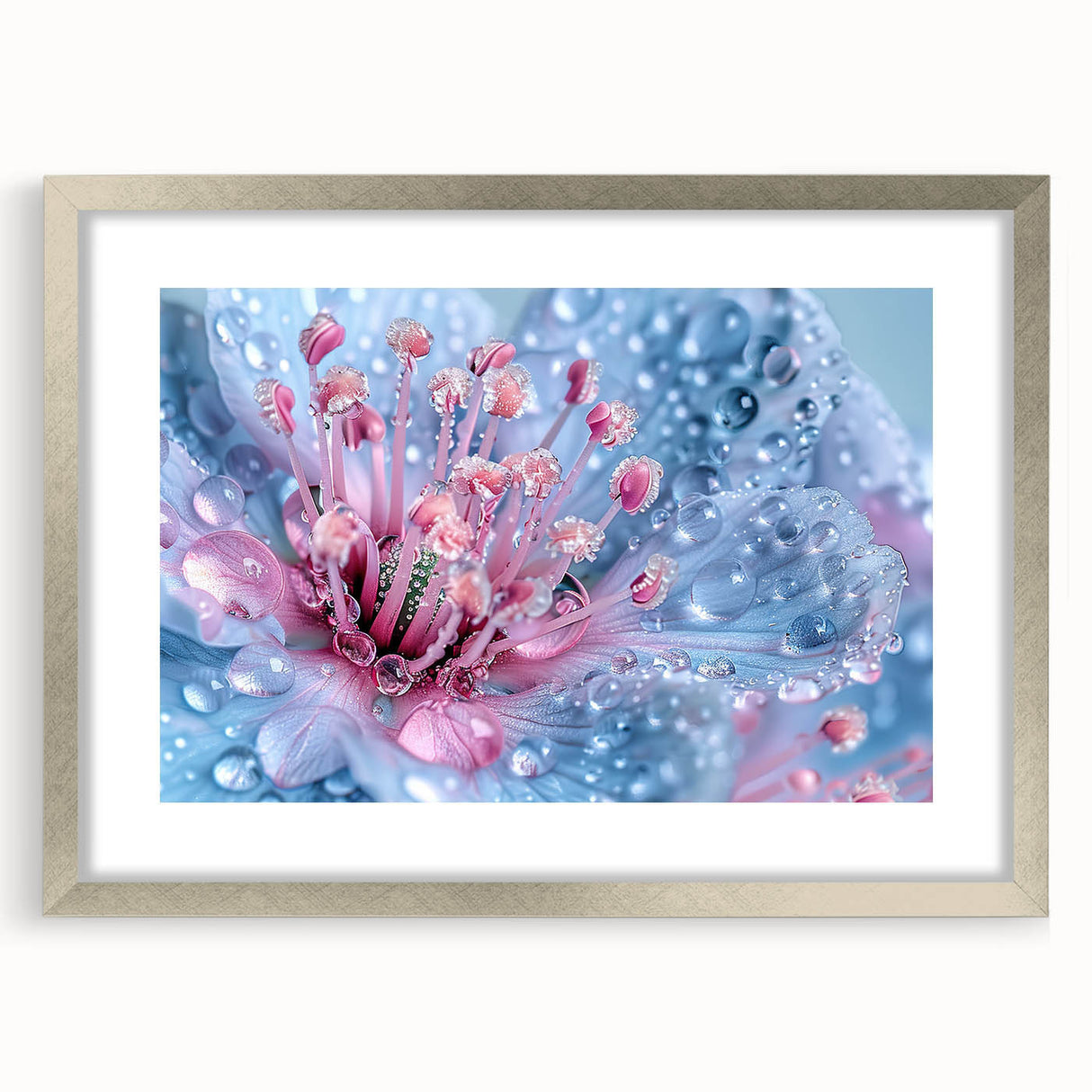 Textured abstract art print featuring swirling blue and gray patterns, framed in silver, ideal for bedroom art.