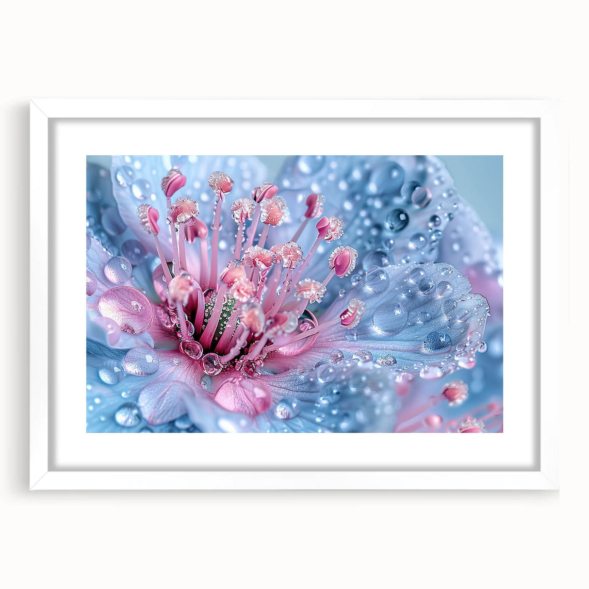Abstract art print featuring close-up water design in blue and white tones on a framed white mat.