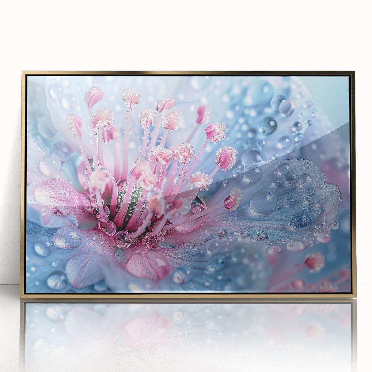 Close-up nature image on a large acrylic print with gold frame, featuring water design in muted blue and green hues.