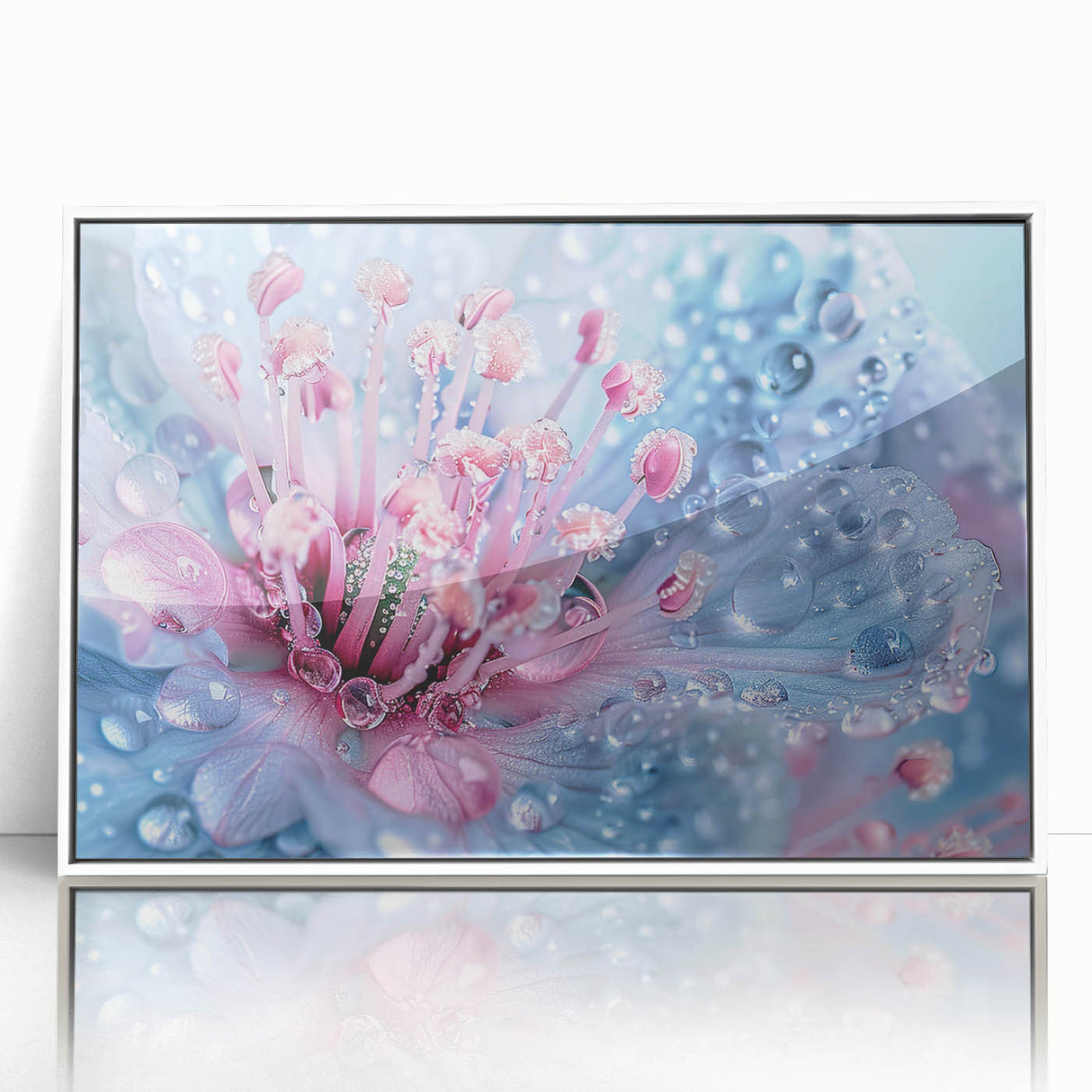Close-up image of water droplets on leaf, in a white acrylic frame, suitable for modern art wall decor in a nursery.