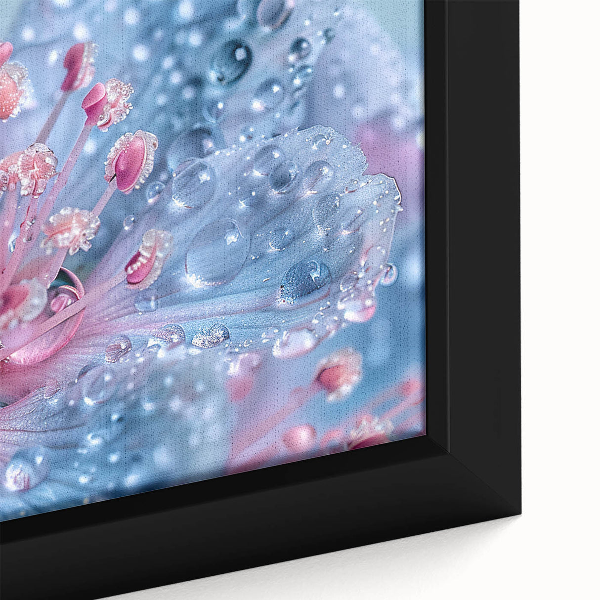 Close-up of a black framed canvas featuring a textured, colorful abstract water design, ideal for living room decor.