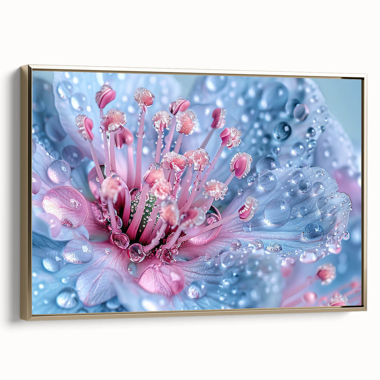 Framed canvas featuring a close-up water landscape in muted blue and black tones, ideal for bedroom wall decor.