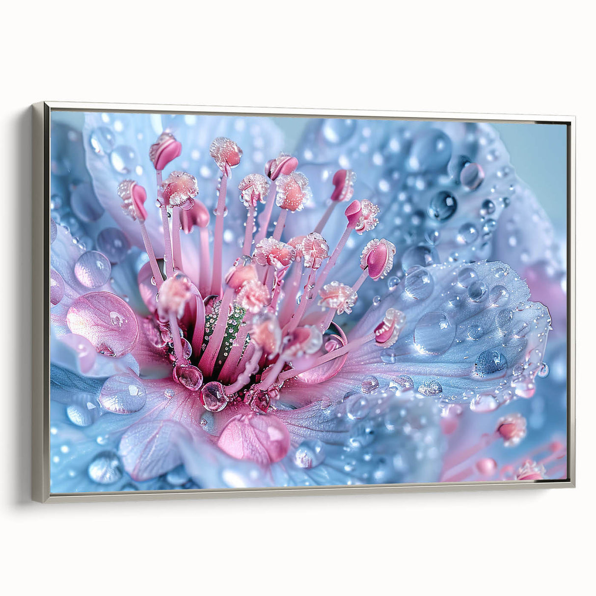 Framed canvas featuring a close-up landscape art painting with vibrant, colorful details on a black background.