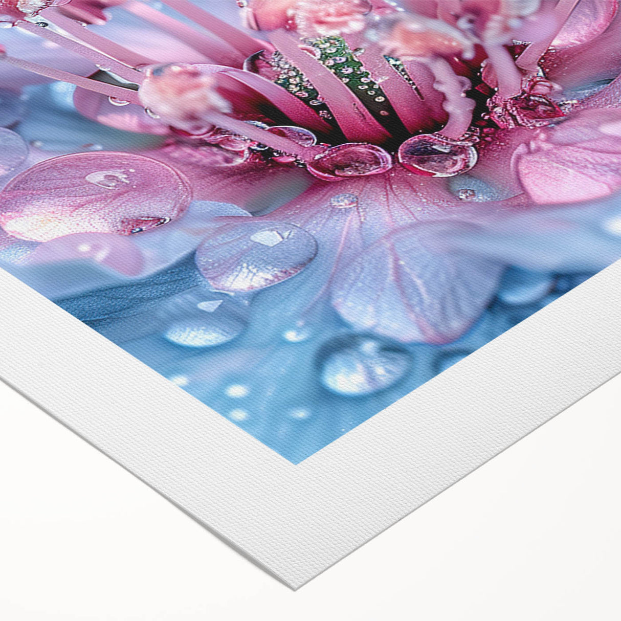 Art deco poster featuring a close-up water design in blue and silver tones on rolled canvas.