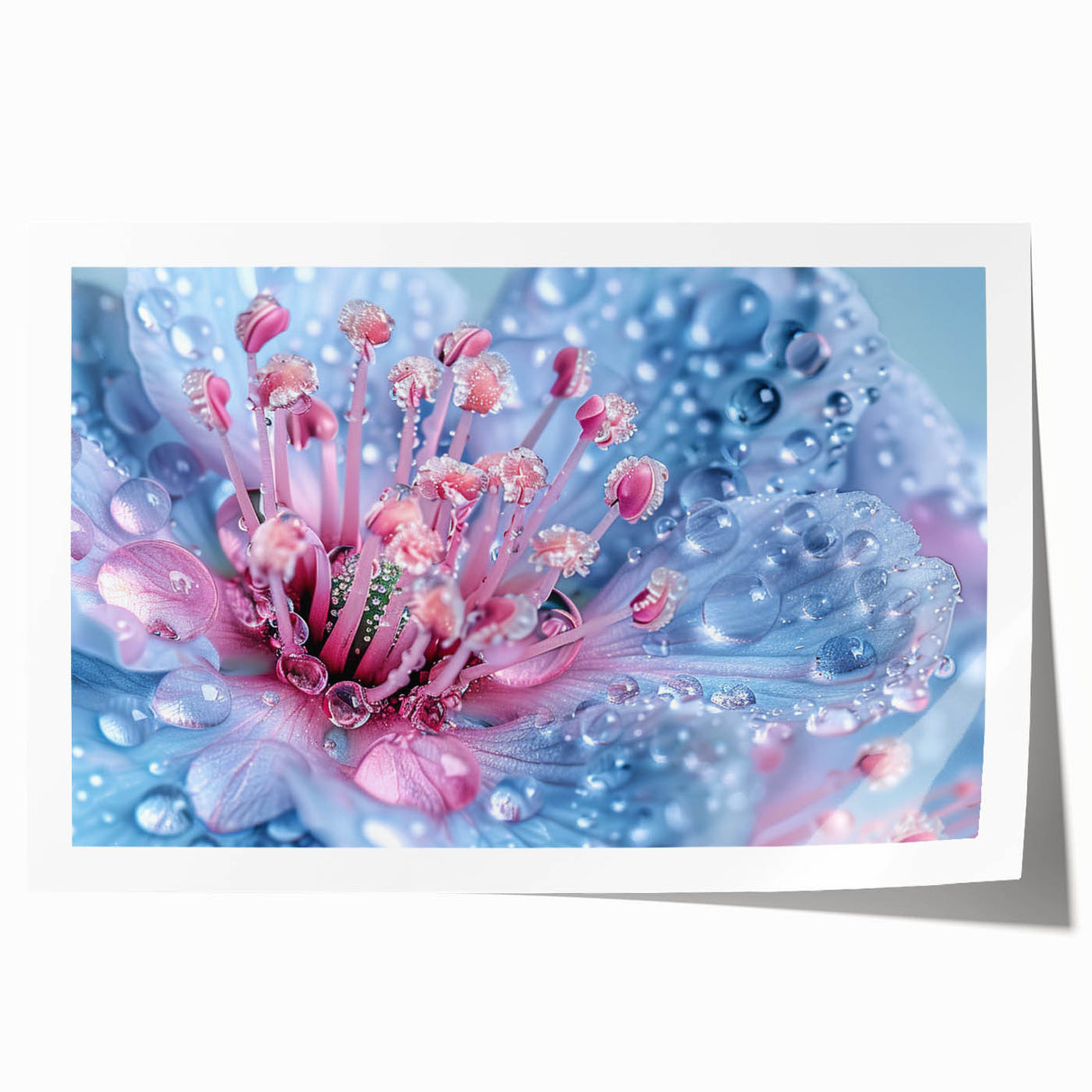 Close-up floral print in soft pink and white tones on rolled canvas, suitable for dining room or bathroom decor.