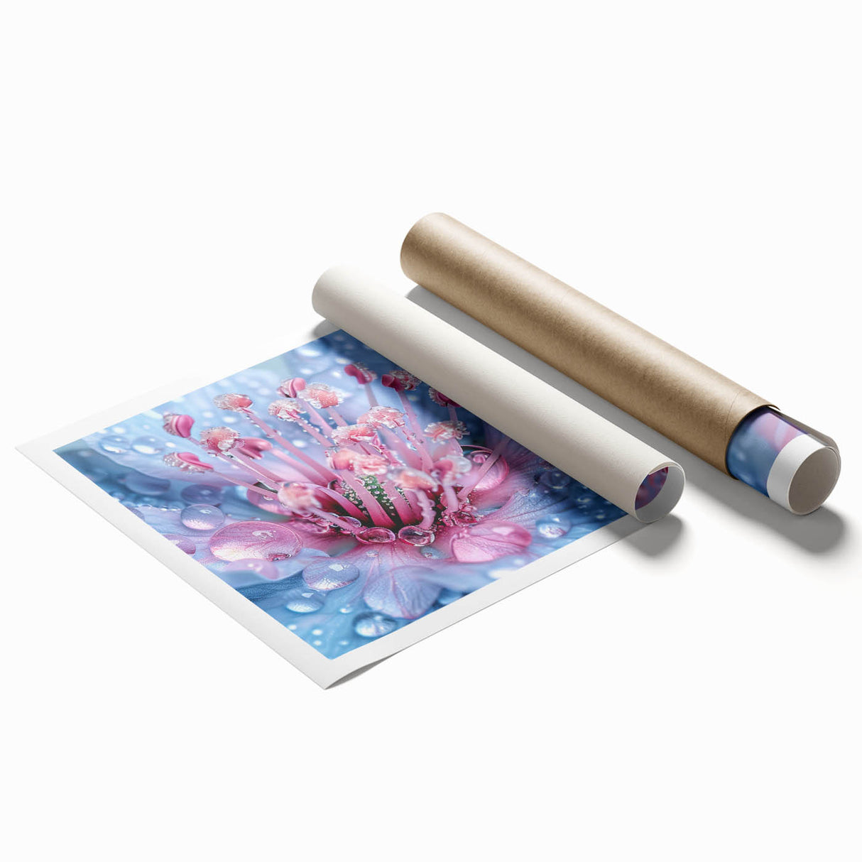 Extra large rolled print of a close-up water and floral design in soft blue and white tones.