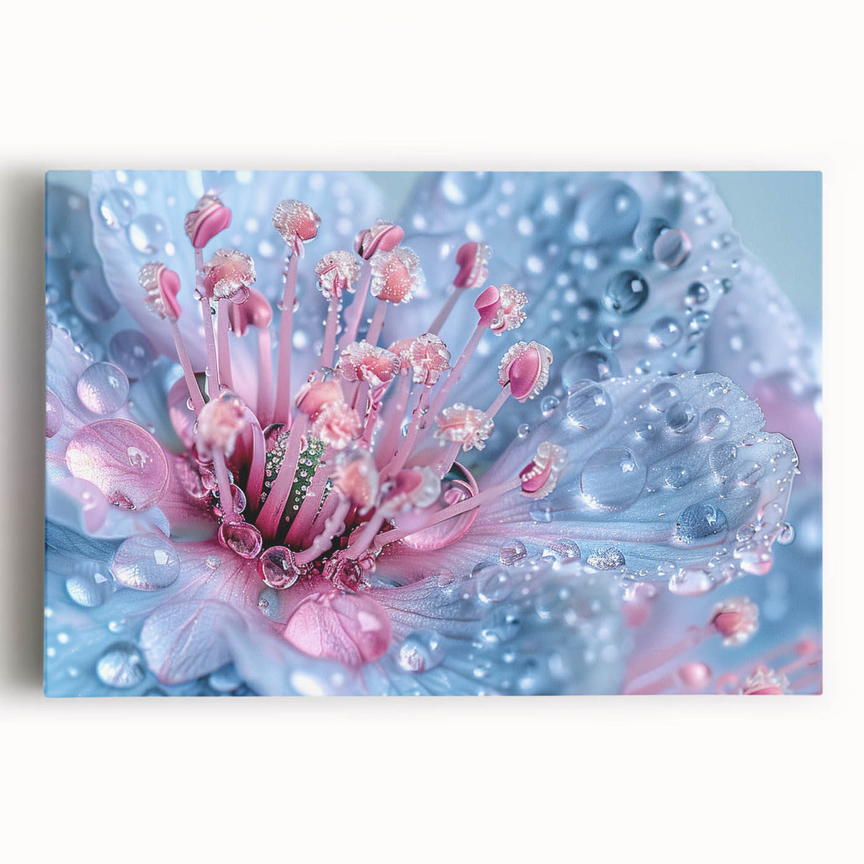 Black and white close-up image of water droplets on a surface, printed on large stretched canvas.